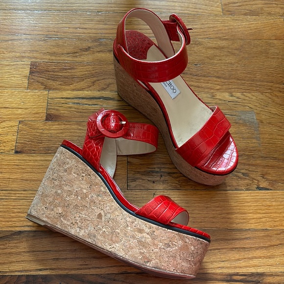 Jimmy Choo Shoes - Jimmy Choo Abigail Croc-Embossed Leather Cork Wedge Sandals Size 39